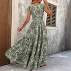 Women's V-Neck Puff Sleeve High Waist Maxi Dress with Flowing Hem