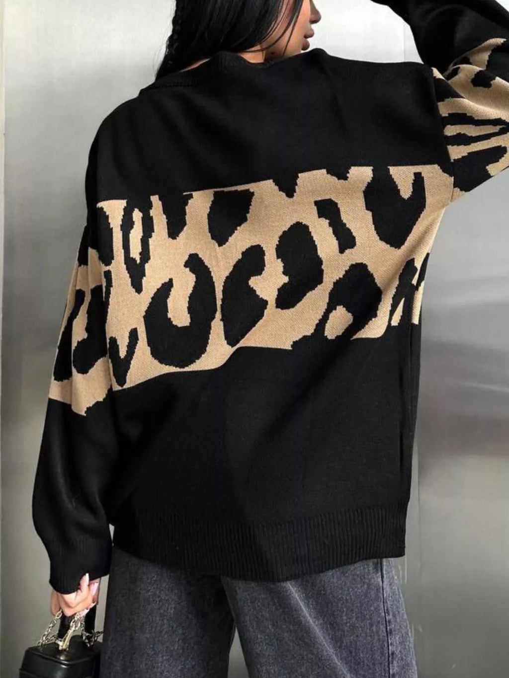 Sarah Express Women's Leopard Color Block Round Neck Sweater