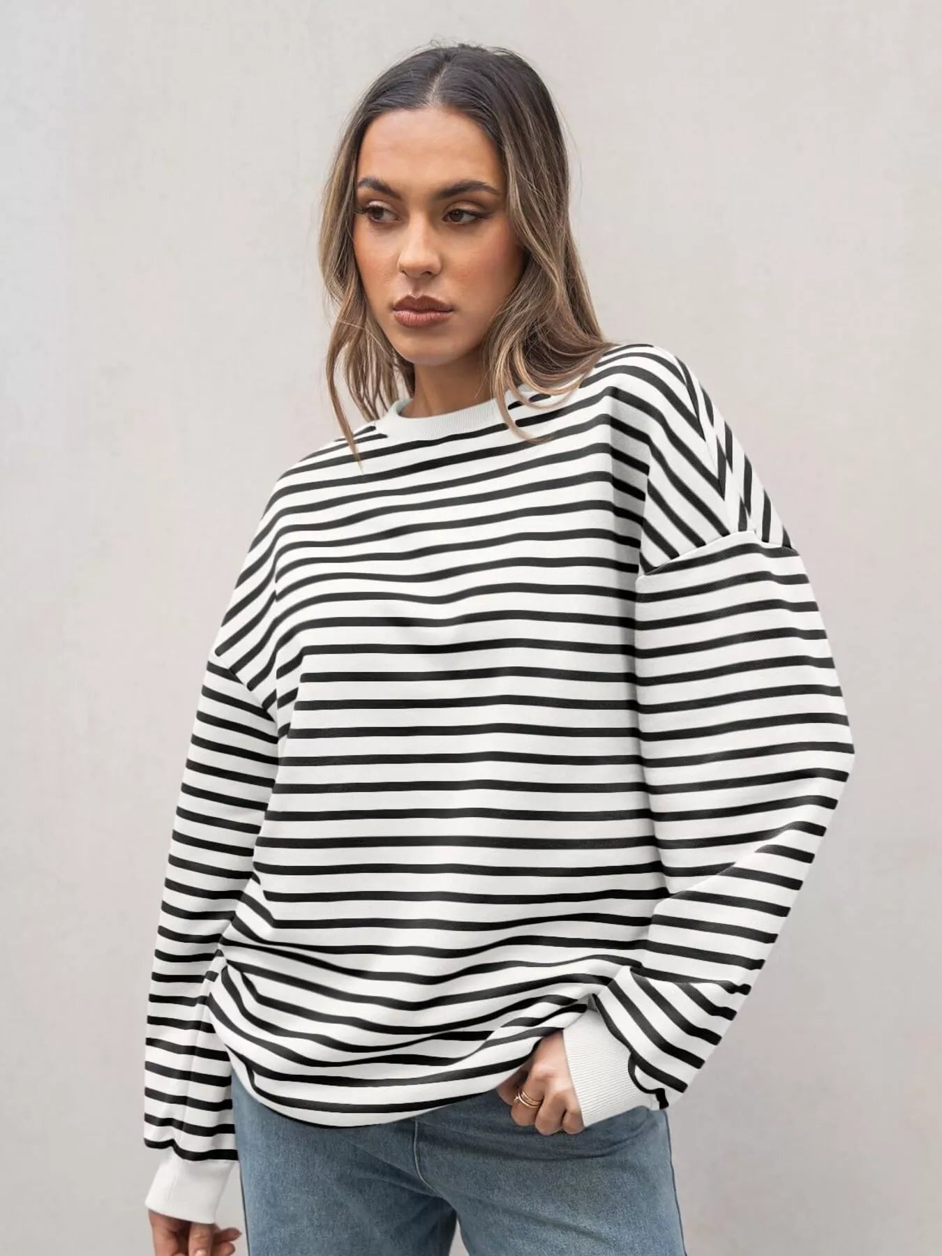 Sarah Express Women's Striped Round Neck Oversized Casual Sweatshirt White