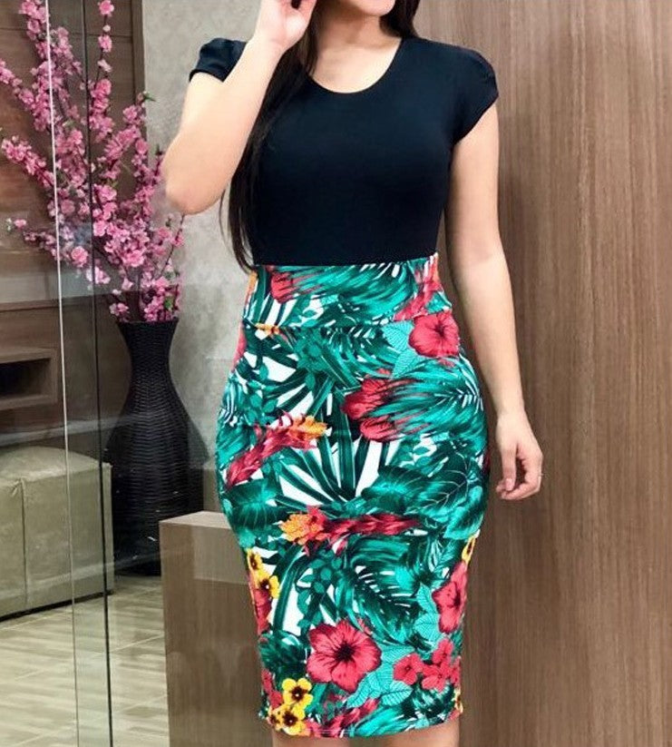 Women's Printed Midi Pencil Dress Short Sleeve Office Work