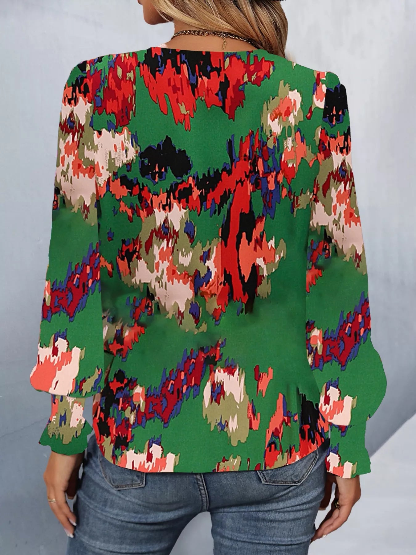 Sarah Express Women's Printed Button Up Long Sleeve Shirt Dark Green