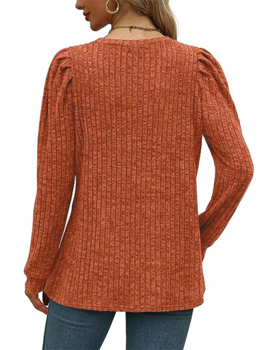 Sarah Express Women's Ribbed Knit Top with Puff Sleeves