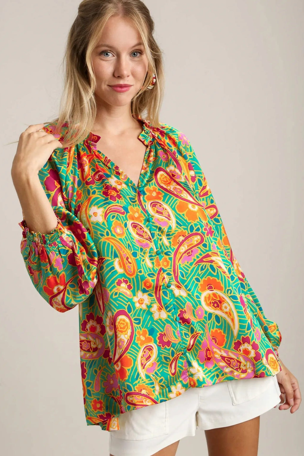 Sarah Express Women’s Paisley Satin Ruffle Neck Button-Up Blouse