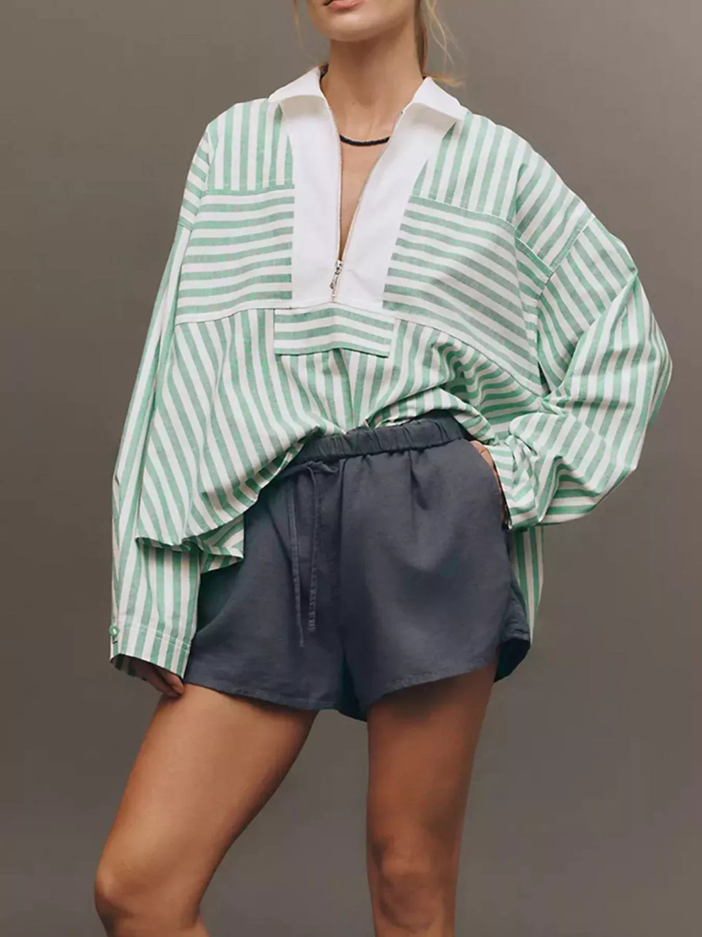 Sarah Express Women's Stripe Half Zip Long Sleeve Swing Top