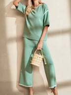 Sarah Express Women's Contrast Trim T-Shirt and Drawstring Pants Set Gum Leaf