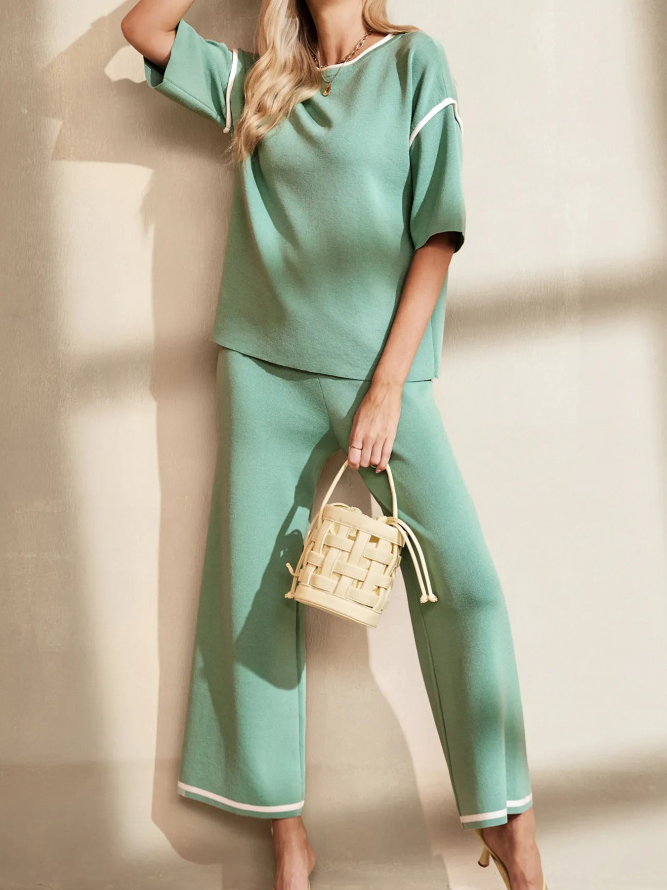 Sarah Express Women's Contrast Trim T-Shirt and Drawstring Pants Set Gum Leaf