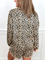 Sarah Express Women's Leopard Print Contrast Trim Long Sleeve Pullover and Drawstring Shorts 2pcs Outfit