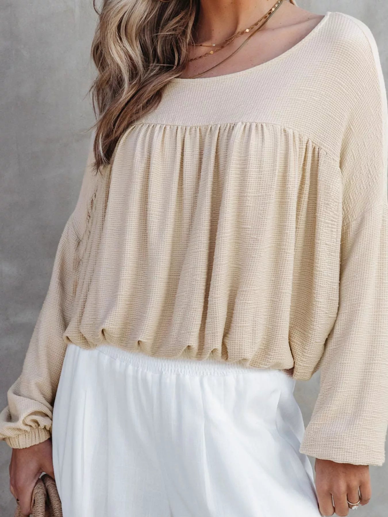 Sarah Express Women's Textured Drop Shoulder Long Sleeve Top - Babydoll Ruched Design