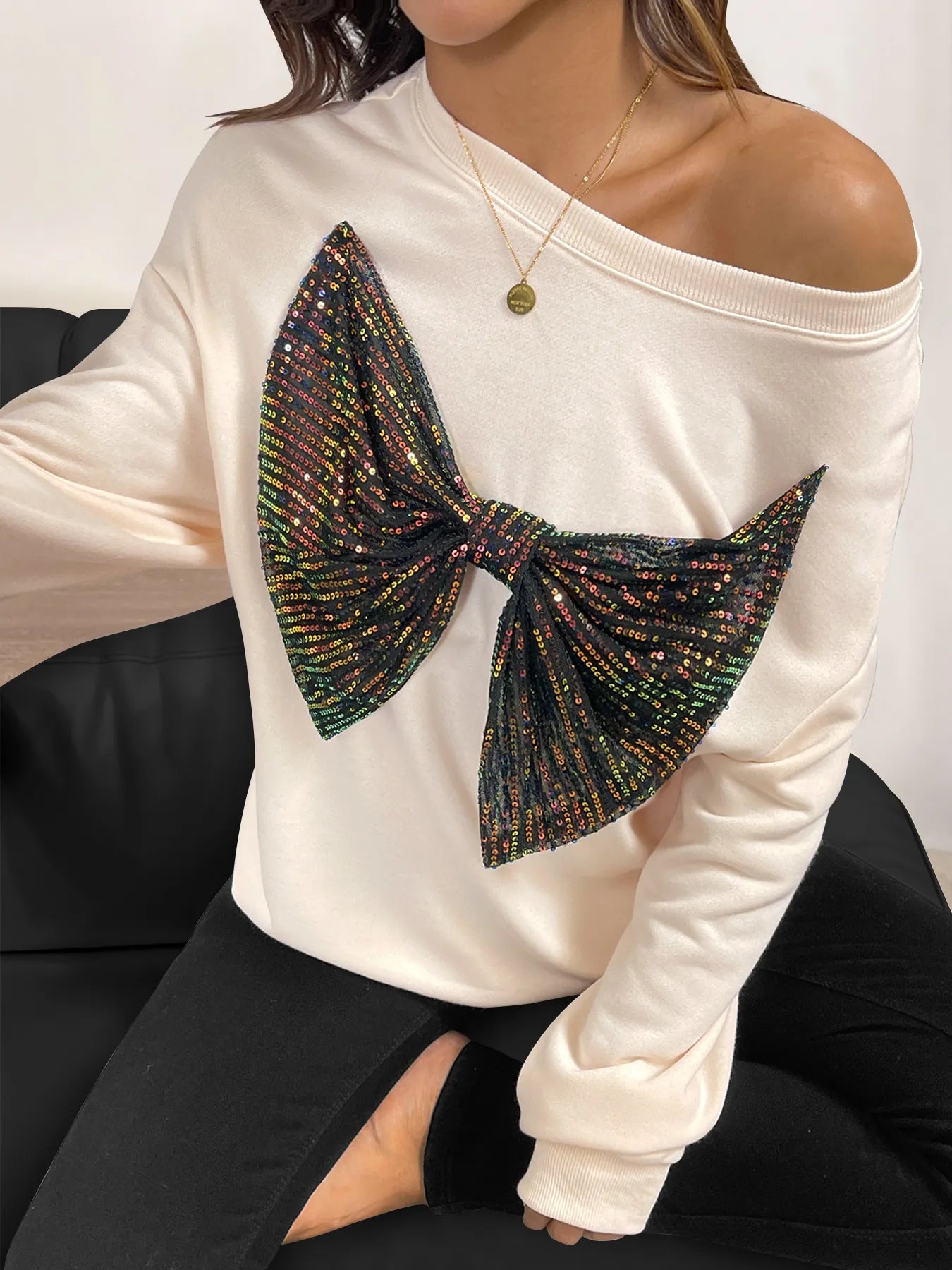 Sarah Express Women's Sequined Bow Round Neck Sweatshirt