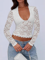 Sarah Express Women's Floral Lace Long Sleeve Deep V-Neck Blouse with Scalloped Hem White