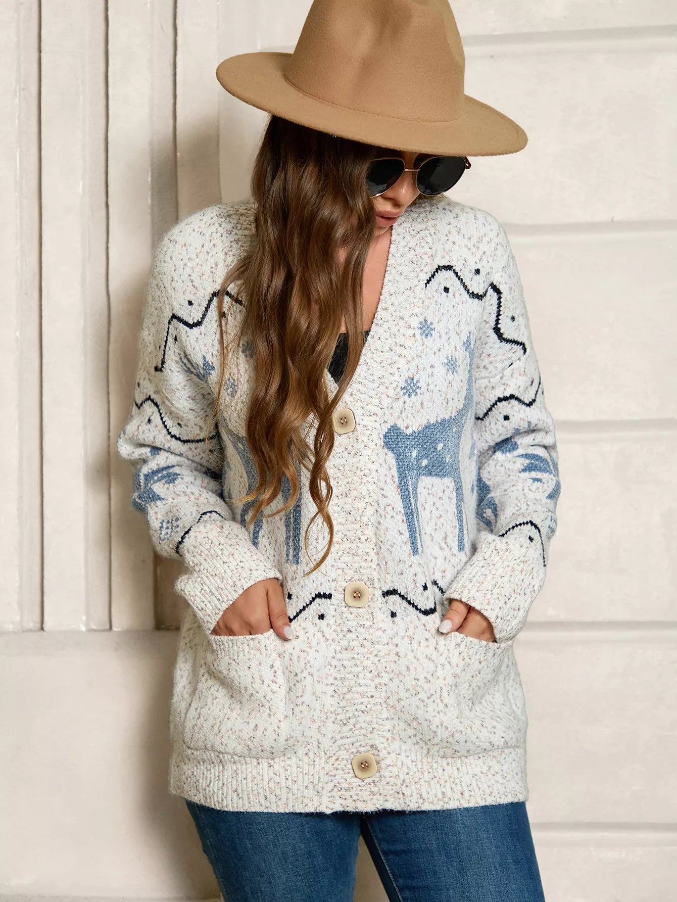 Sarah Express Women's Reindeer Pattern Knit Cardigan Cream