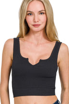 Sarah Express Women's Ribbed Cropped Tank Top - Black Seamless V-Neck for Casual & Layering