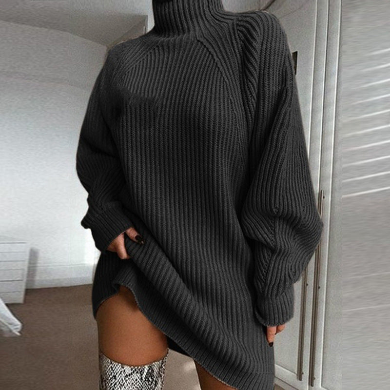 Women's Turtleneck Sweater Dress Long Sleeve Knit Winter Warm Midi Length