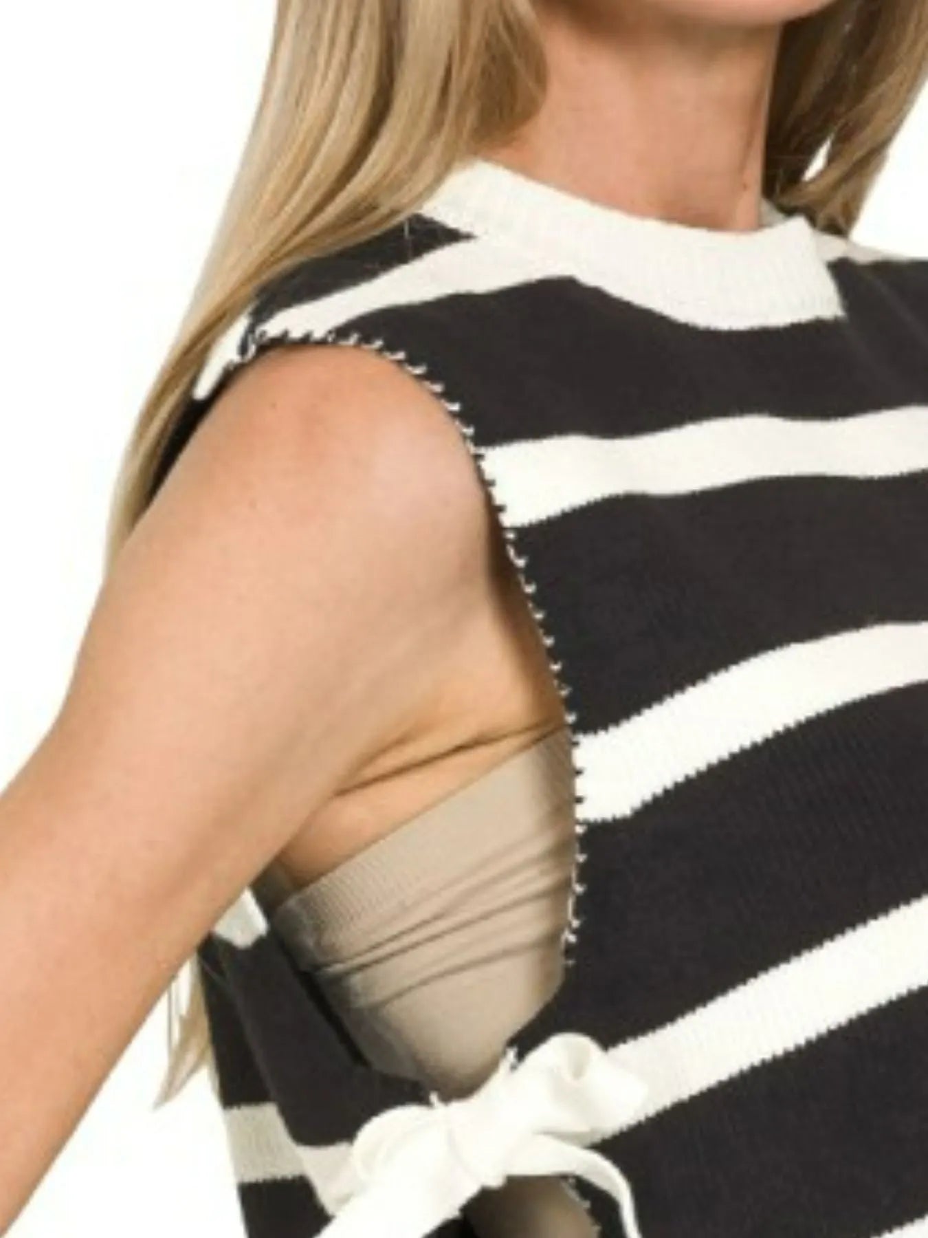 Sarah Express Women's Side Tie Stripe Sweater Vest - Black White Cropped for Casual & Layering