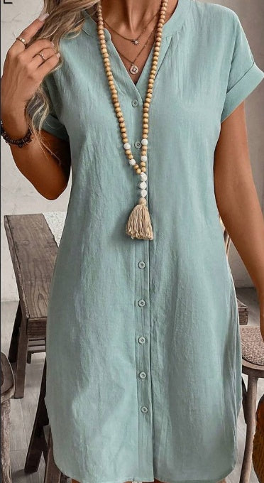 Notched Button Front Batwing Sleeve Cotton Shirt Dress