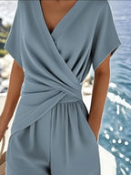 Sarah Express Women's Surplice Short Sleeve Top and Pants Set - Two Piece Outfit