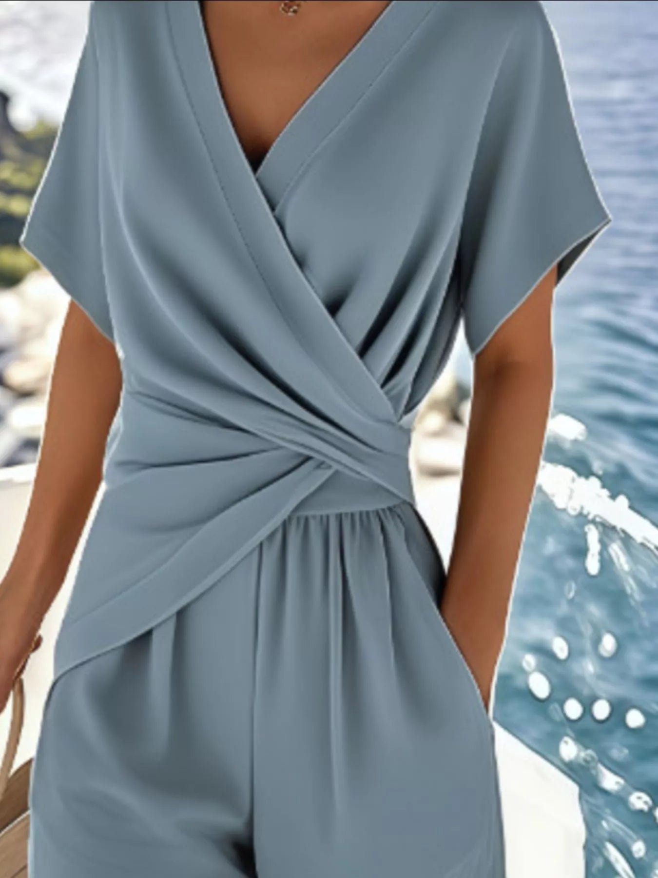 Sarah Express Women's Surplice Short Sleeve Top and Pants Set - Two Piece Outfit