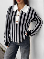 Trendsi Women's Striped Button Front Long Sleeve Sweater