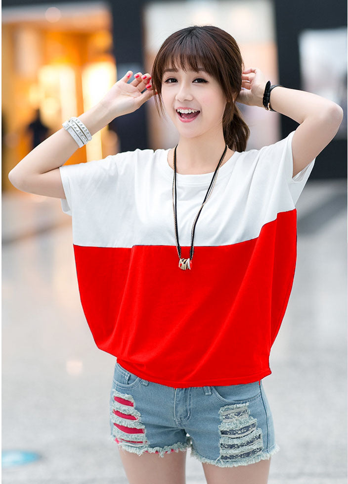 Women's Color Block Batwing Sleeve Top Short Sleeve Casual Loose Fit Shirt