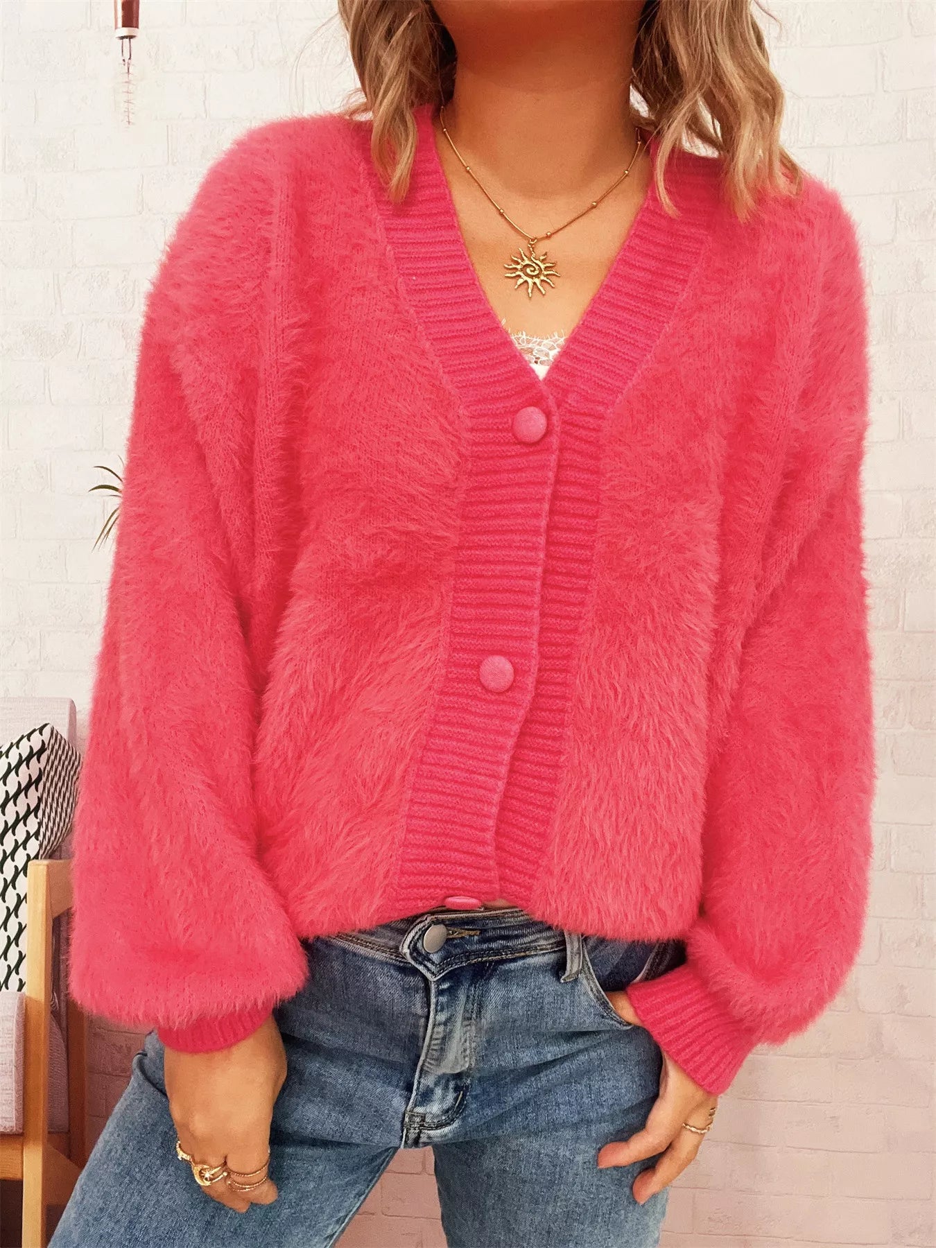 Sarah Express Women's Fuzzy Button-Up Long Sleeve Cardigan