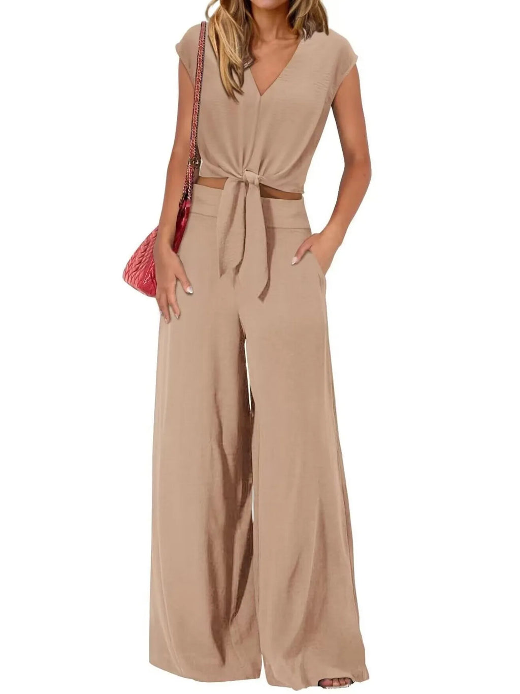 Sarah Express Women's Tie Front Top and Wide Leg Pants Set