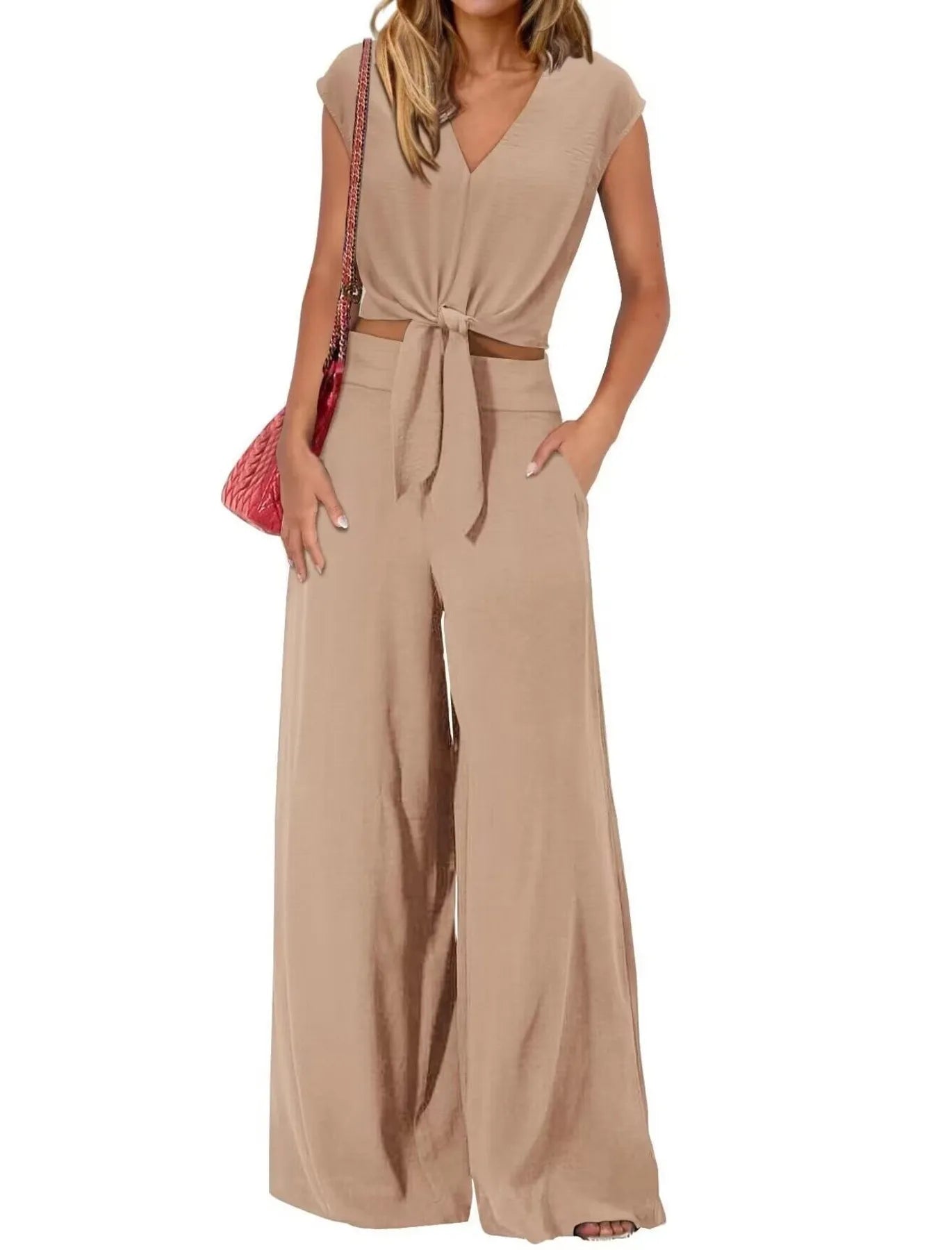 Sarah Express Women's Tie Front Top and Wide Leg Pants Set