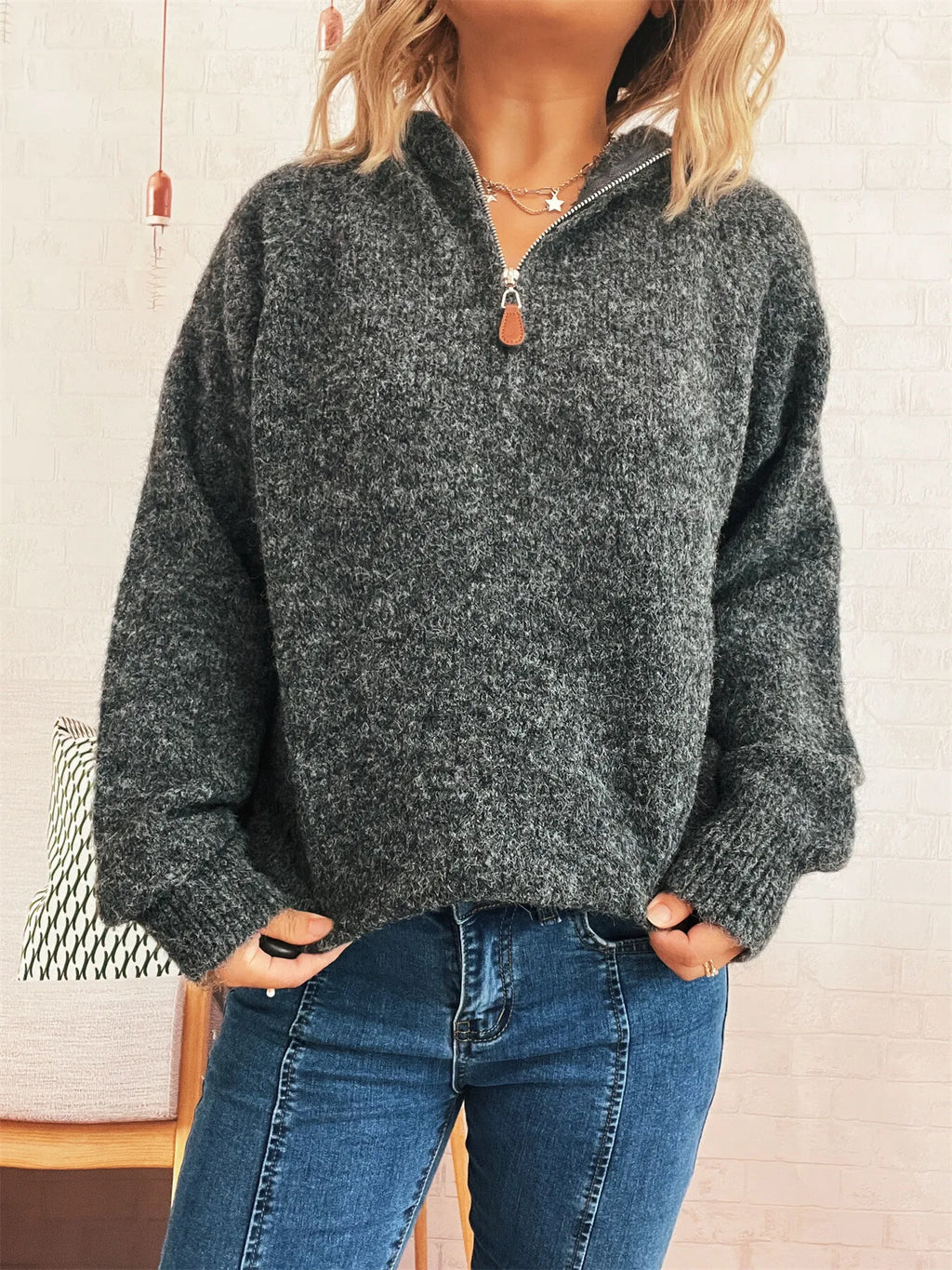 Sarah Express Women's Quarter Zip Ribbed Hem Sweater