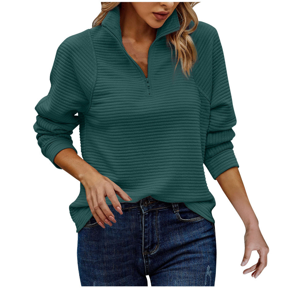 Women's Stand Collar Zipper Pullover Sweatshirt Striped Long Sleeve Top Spring Fall Casual