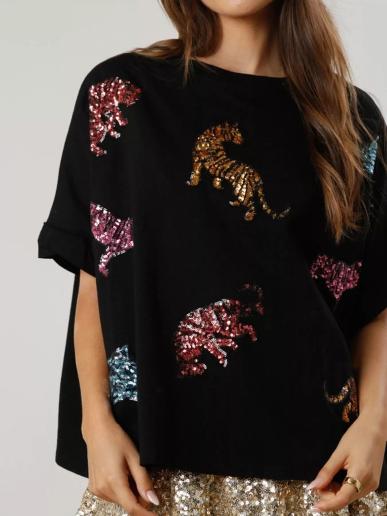 Sarah Express Women's Sequin Tiger Round Neck T-Shirt