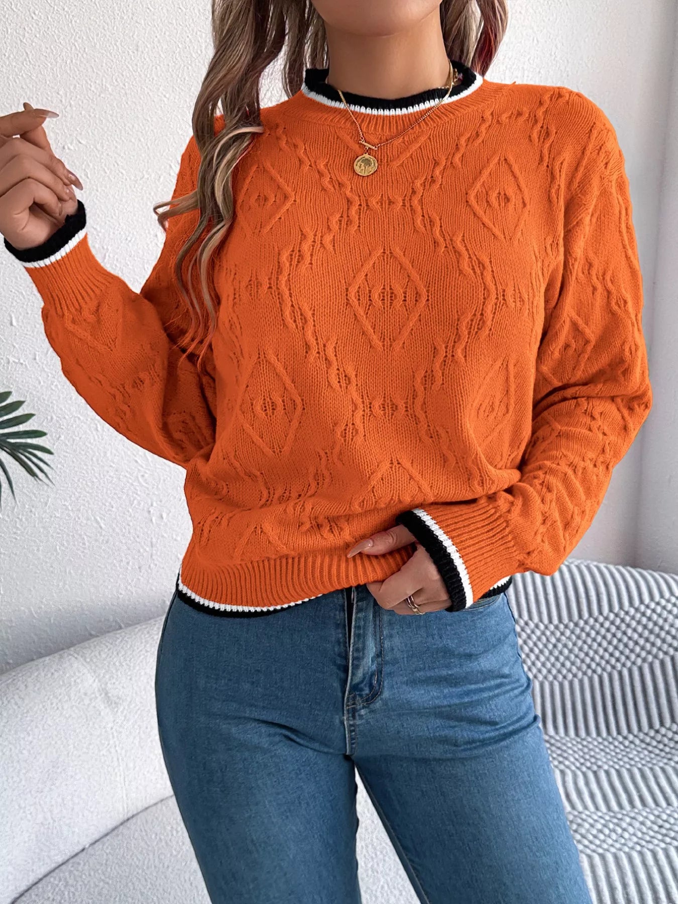 Sarah Express Women's Contrast Trim Round Neck Sweater Tangerine