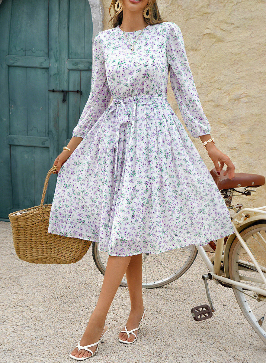 Women's Polka Dot Maxi Dress Long Puff Sleeve High Waist A-Line