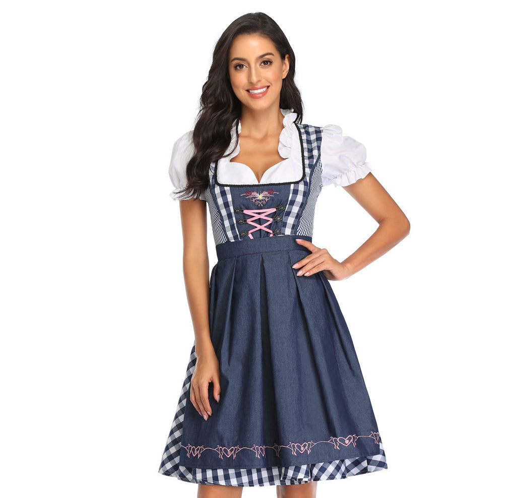 Women's Oktoberfest Dirndl Costume Bavarian Dress with Apron and Ribbon