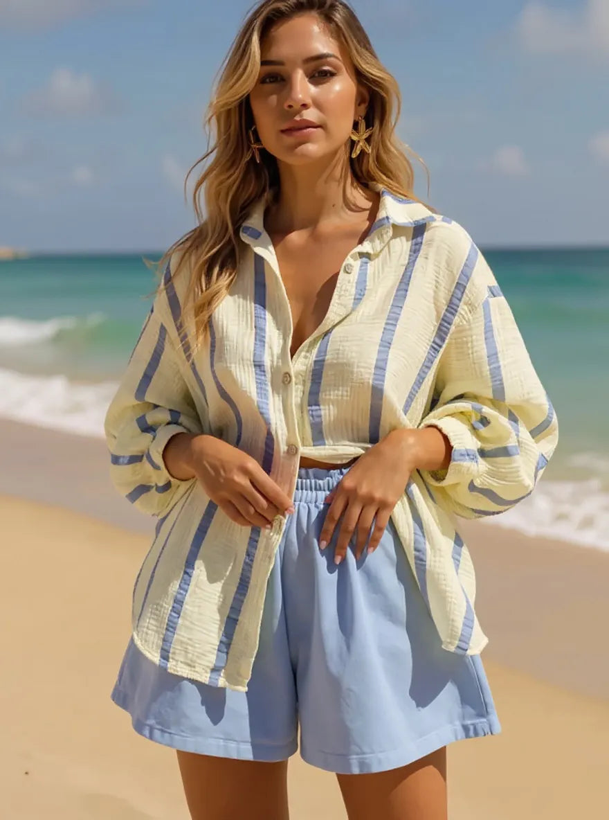 Sarah Express Women's Striped Button Up Long Sleeve Shirt - Oversized Nautical Style Stripe