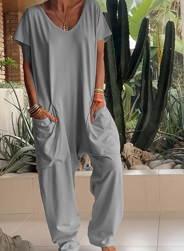Women's V-Neck Oversized Jumpsuit Quarter Sleeve Pockets Casual Street Style Spring Summer