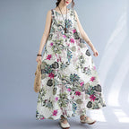 Women's Printed Cotton Linen Maxi Dress - Sleeveless Round Neck Bohemian Plus Size