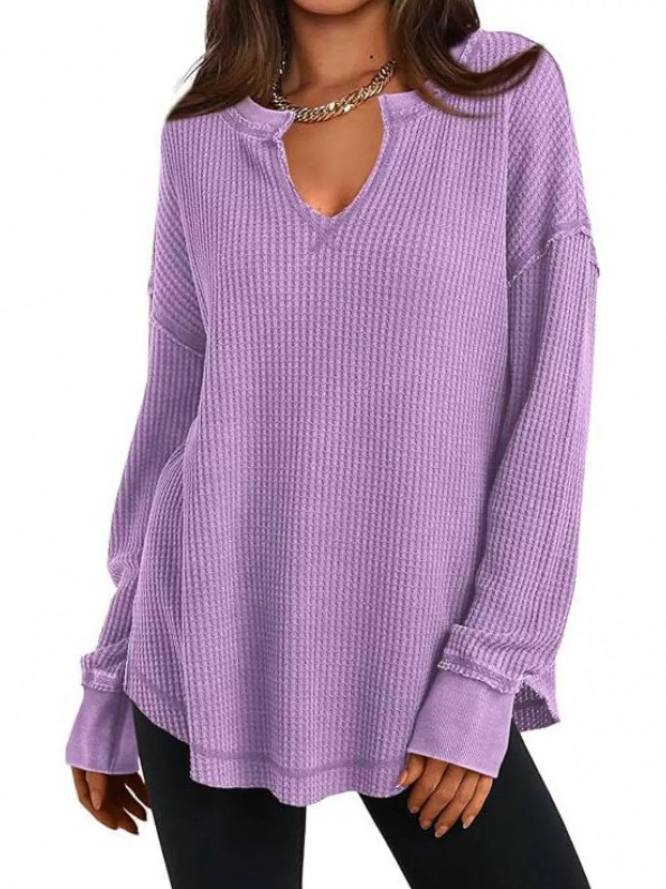 Sarah Express Women's Waffle Knit Long Sleeve Sweatshirt Purple