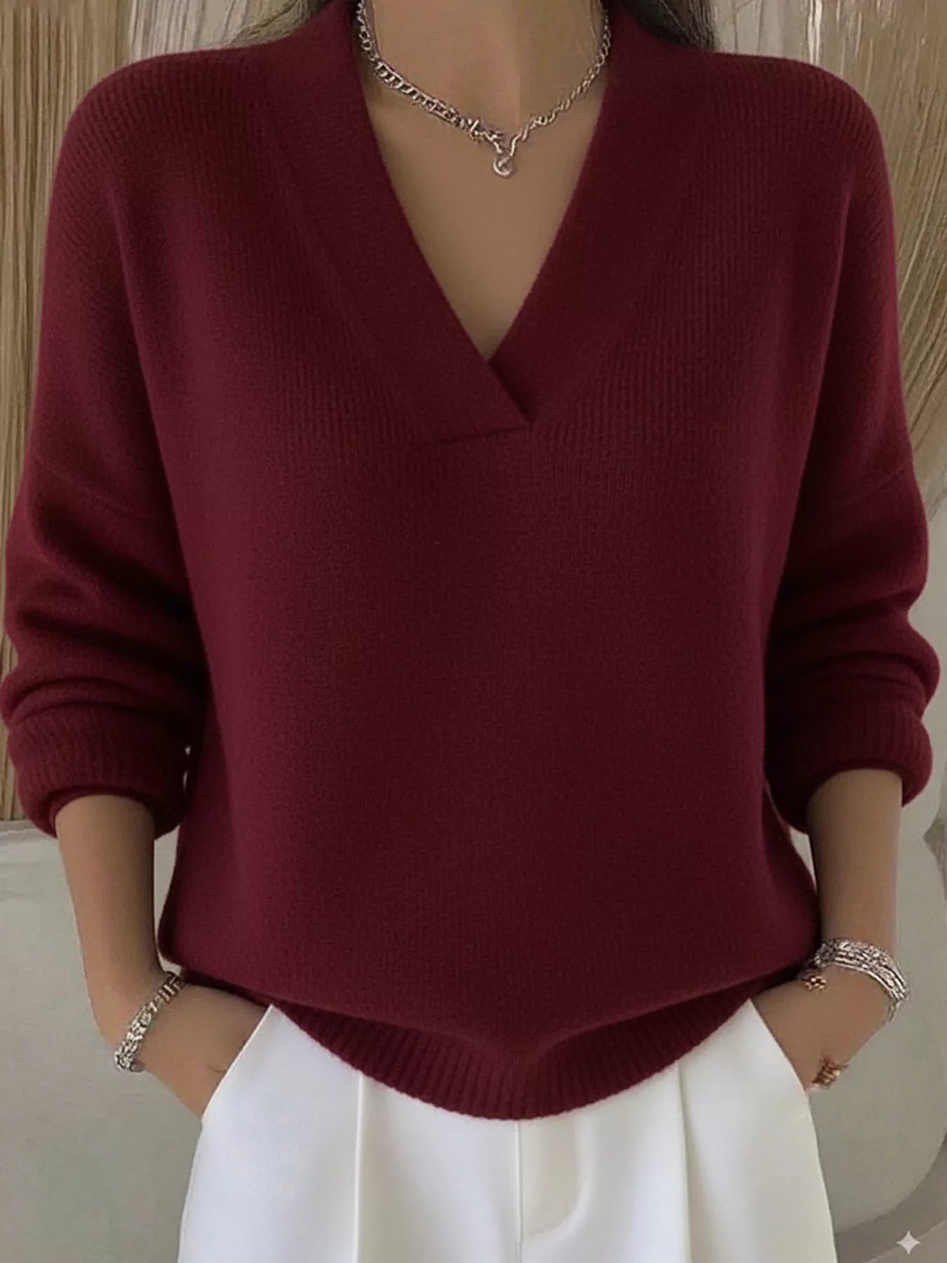 Sarah Express Women's V-Neck Long Sleeve Sweater Plus Size Burgundy