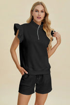 Sarah Express Women’s Plus Size Textured Flounce Sleeve Top and Shorts Set