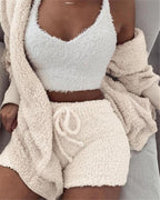 Women's 3-Piece Velvet Pajama Set Long Sleeve Jacket Crop Tank Shorts