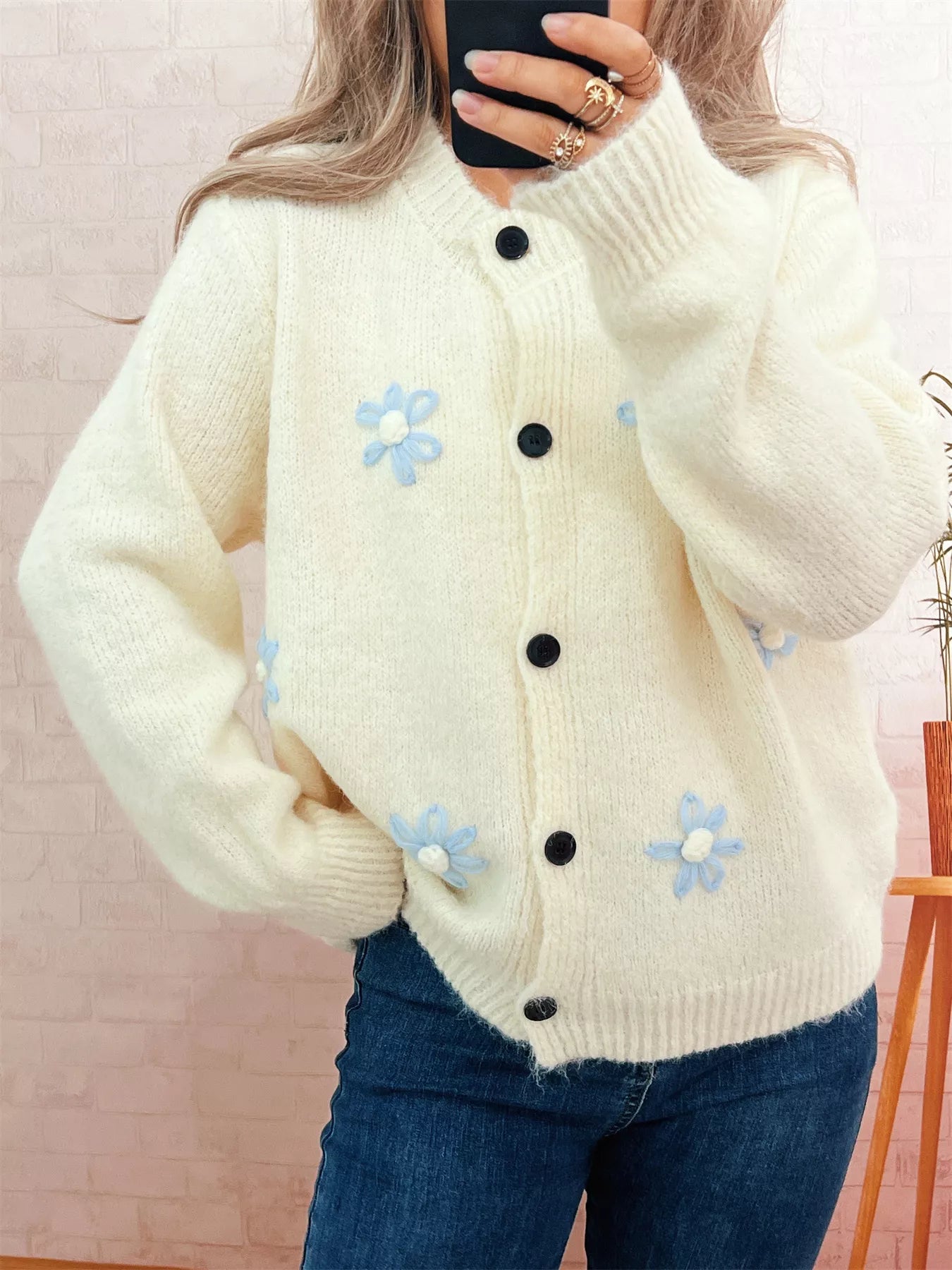 Sarah Express Women's Flower Button-Down Cardigan