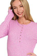 Sarah Express Women’s Ribbed Half Button Long Sleeve Top Casual