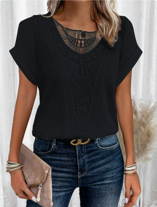Women's Hollow Out Short Sleeve T-Shirt Ethnic Boho Style