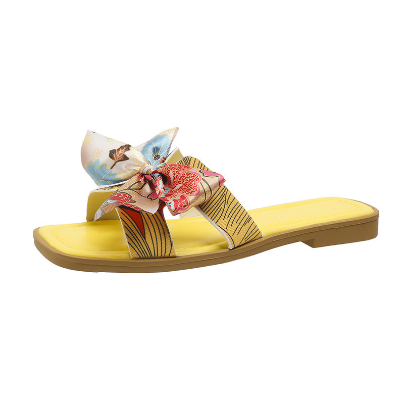 Sarah Express Bow Detail Square Toe Low Heel Sandals Yellow