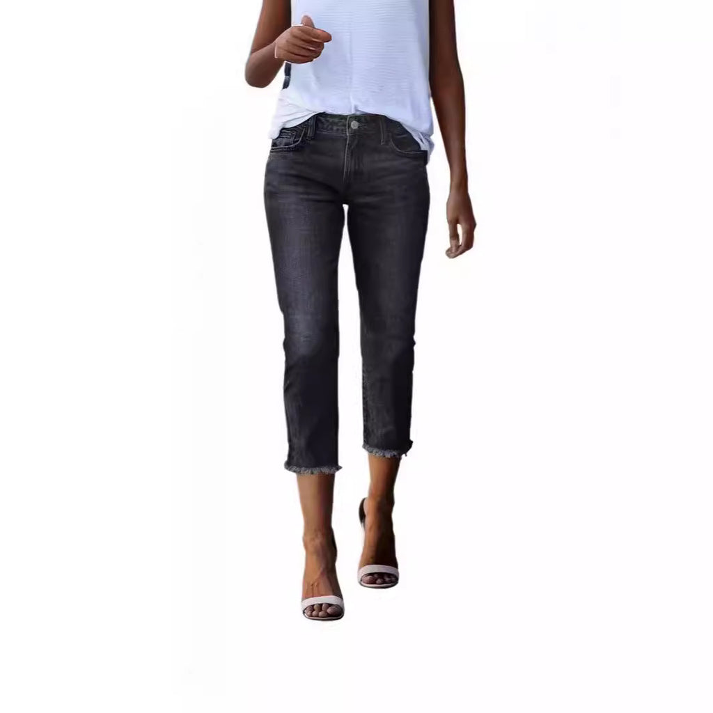 Women's High-Waist Stretch Denim Jeans - Slim Fit Cropped Pants
