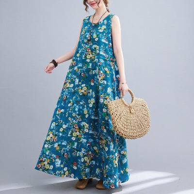 Women's Printed Cotton Linen Maxi Dress - Sleeveless Round Neck Bohemian Plus Size