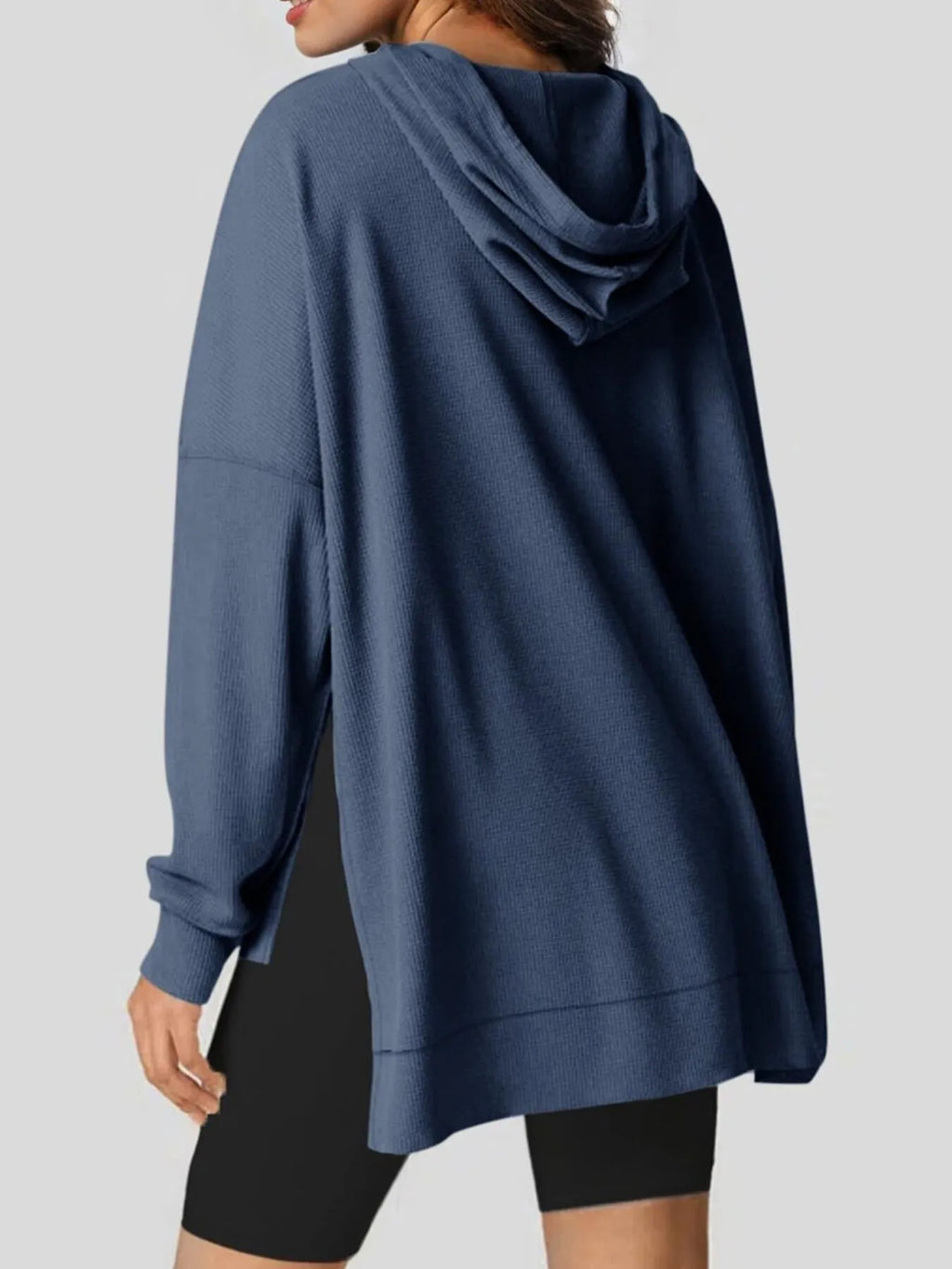 Sarah Express Women's Slit Drawstring Waffle Knit Hoodie