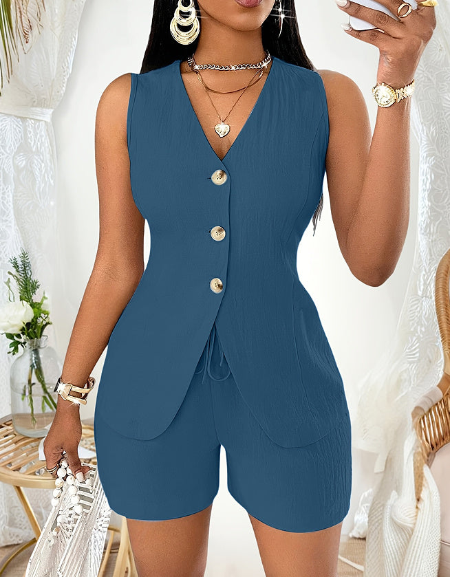 Cotton Linen Two-Piece Set Lace-Up Short Sleeve Top Shorts