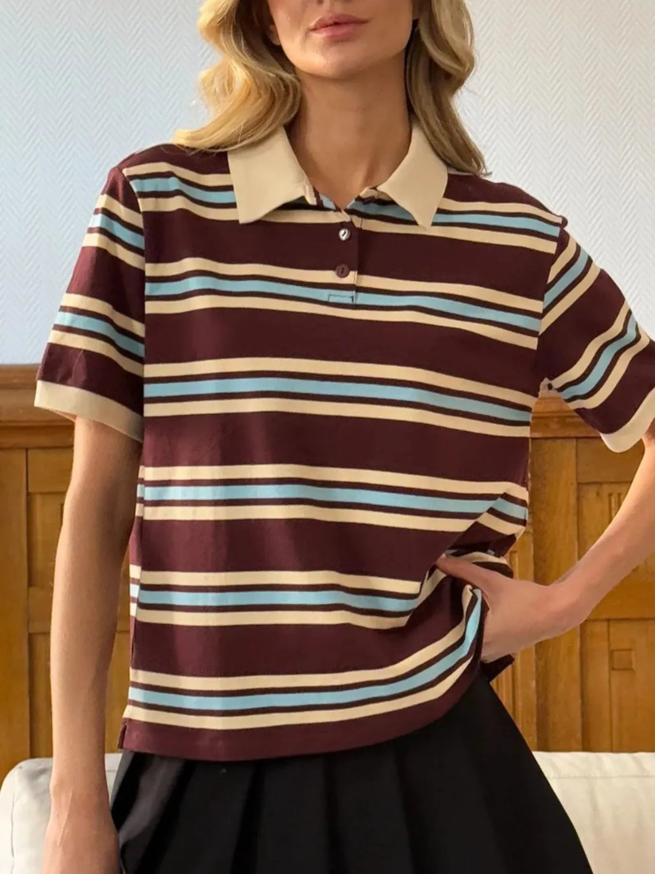 Sarah Express Women's Striped Polo T-Shirt with Contrast Collar Dark Brown