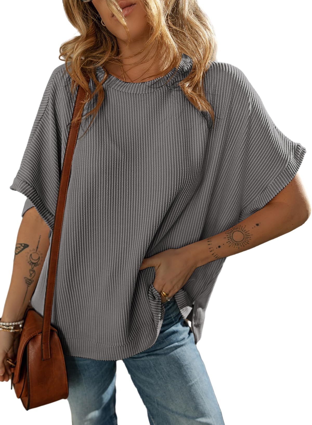 Solid Color Knitted T-Shirt Women's Half Sleeve Loose Casual Pullover Top