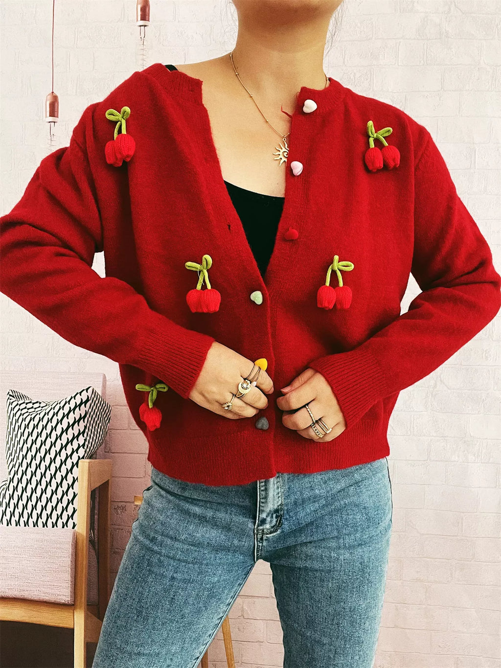 Sarah Express Women's Flower Button Up Long Sleeve Cardigan